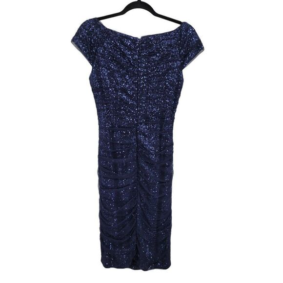 Vintage 80's Lauren Dress Mini Bodycon Formal Net Sequin Overlay Ruched Navy 4 - Picture 10 of 16